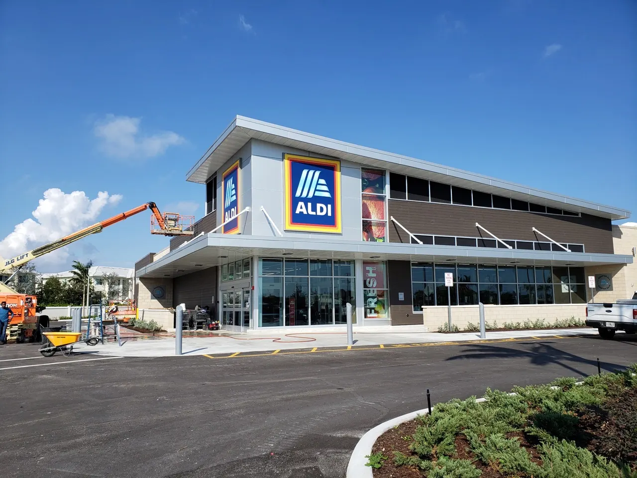 South Florida commercial building with completed storefront glazing